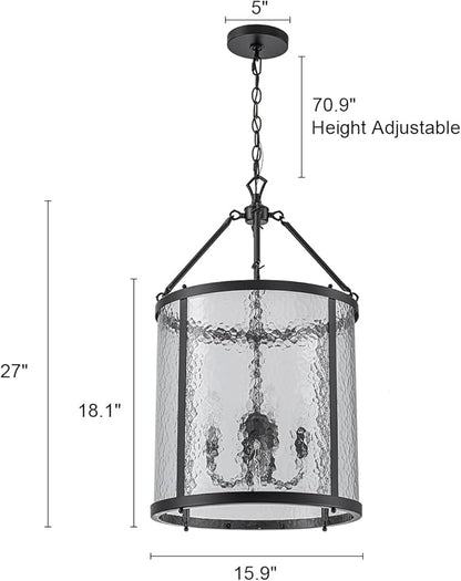 Lingkai Modern Black Chandelier, 4-Light Water Ripple Glass Light Fixture, Lantern Farmhouse Chandeliers for Dining Room, Living Room, Foyer