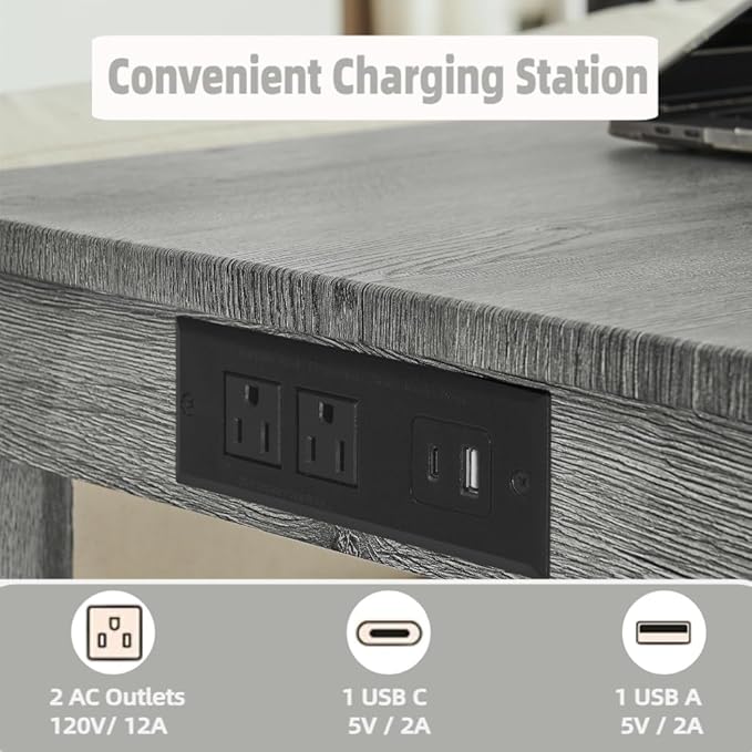 59 inch Bar Table and Chairs Set with with Power Outlet, Industrial Hight Counter Height Bar Table with 3 Upholstered Stools,4 Pieces Space-Save Breakfast Table Set for Kitchen Dining Room Cafe(Grey)
