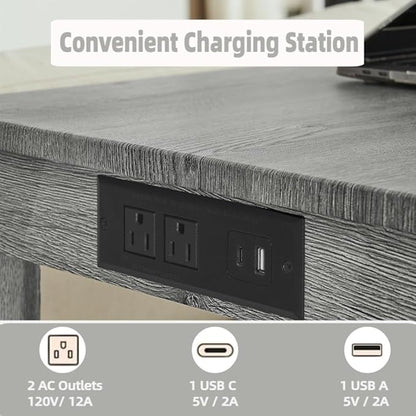 59 inch Bar Table and Chairs Set with with Power Outlet, Industrial Hight Counter Height Bar Table with 3 Upholstered Stools,4 Pieces Space-Save Breakfast Table Set for Kitchen Dining Room Cafe(Grey)