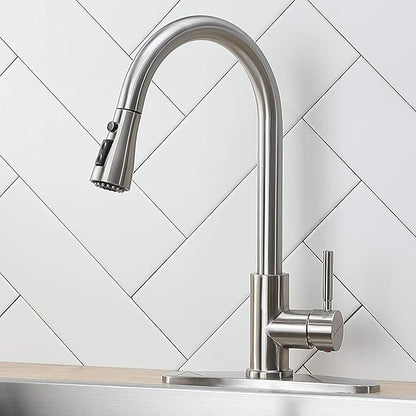 IKEBANA Kitchen Faucet, Brushed Nickel Kitchen Sink Faucet with Pull Down Sprayer, High Arc Single Handle Stainless Steel Pull Out Faucet for Kitchen Sink