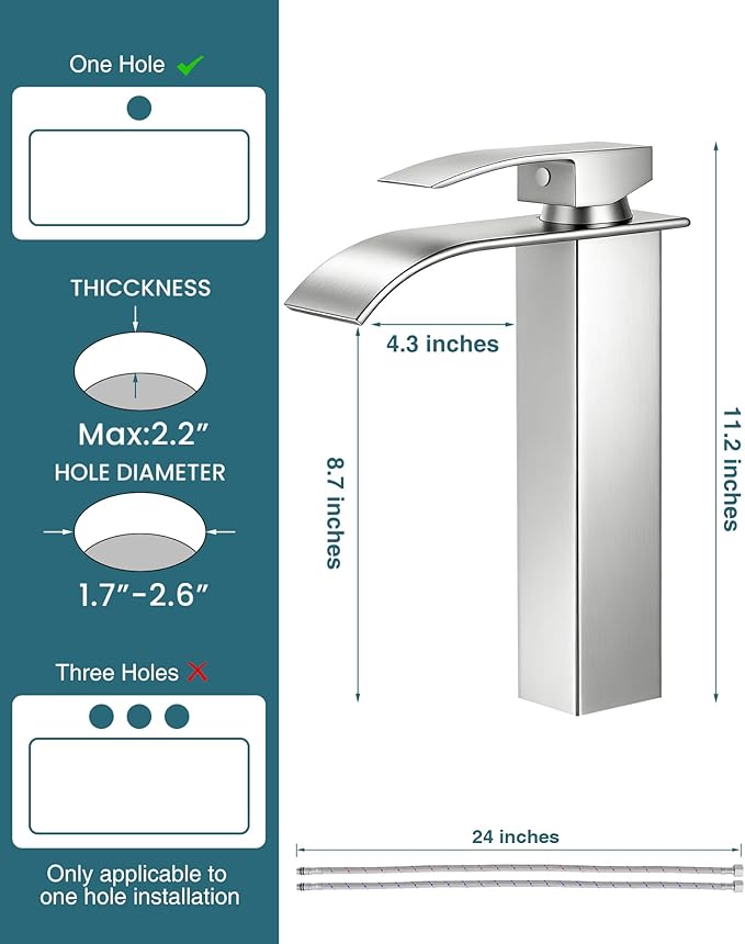 LIFG Brushed Nickel Vessel Sink Faucet, Tall Waterfall Bathroom Faucet, Single Handle One Hole Mixer Bowl Tap with Large Rectangular Spout, Bar Sink Faucet Lavatory Vanity