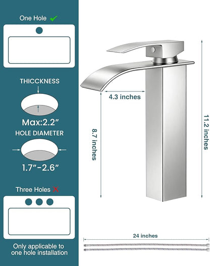 LIFG Brushed Nickel Vessel Sink Faucet, Tall Waterfall Bathroom Faucet, Single Handle One Hole Mixer Bowl Tap with Large Rectangular Spout, Bar Sink Faucet Lavatory Vanity