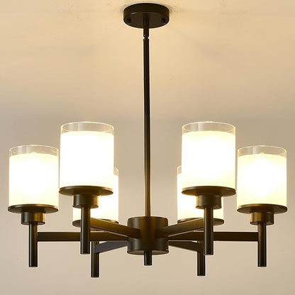 6-Light Black Chandelier for Dining Room Kitchen Island,Modern Farmhouse Pendant Lighting Over Table with Glass Shades,Industrial Metal Hanging Ceiling Light Fixture for Bedroom Hallway
