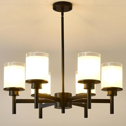 6-Light Black Chandelier for Dining Room Kitchen Island,Modern Farmhouse Pendant Lighting Over Table with Glass Shades,Industrial Metal Hanging Ceiling Light Fixture for Bedroom Hallway