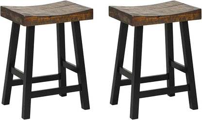 ERGOMASTER Wooden Backless Saddle Barstools Set of 2, 24-inch Counter Height Rustic Bar Stools with Rubber Wood Frame & Footrest for Kitchen Island, Dining Room, Pub