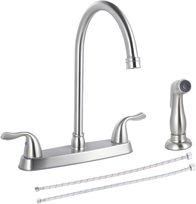 HOTIS Kitchen Faucet with Side Sprayer, 2 Handle 3 or 4 Hole Kitchen Sink Faucets 8 Inch RV Kitchen Faucet with Supply Lines, 360 Swivel Kitchen Faucet Brushed Nickel, HT-SLYT004L-S-1