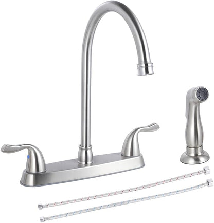 HOTIS Kitchen Faucet with Side Sprayer, 2 Handle 3 or 4 Hole Kitchen Sink Faucets 8 Inch RV Kitchen Faucet with Supply Lines, 360 Swivel Kitchen Faucet Brushed Nickel, HT-SLYT004L-S-1