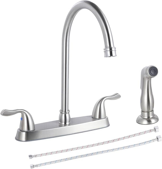 HOTIS Kitchen Faucet with Side Sprayer, 2 Handle 3 or 4 Hole Kitchen Sink Faucets 8 Inch RV Kitchen Faucet with Supply Lines, 360 Swivel Kitchen Faucet Brushed Nickel, HT-SLYT004L-S-1