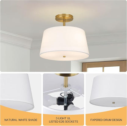 CALOKES Modern Cone-Shaped Semi Flush Mount Ceiling Light Fixture, 3-Light Drum Lamp with Gold Brass Finish and White Fabric Shade for Bedroom, Kitchen, Dining Room, Hallway, Entryway, and Foyer