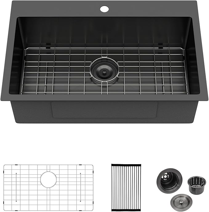 Logmey 30 In Drop in Kitchen Sink 30x19x9 PVD Nano Gun Black 16 Gauge Stainless Steel Single Bowl Sink with Bottom Grid Roll-up Drying Rack for Residential Kitchen & Utility Space