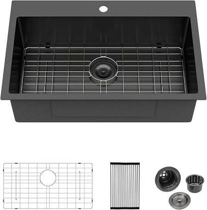 Logmey 30 In Drop in Kitchen Sink 30x19x9 PVD Nano Gun Black 16 Gauge Stainless Steel Single Bowl Sink with Bottom Grid Roll-up Drying Rack for Residential Kitchen & Utility Space