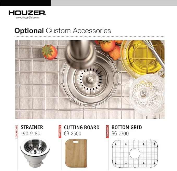 Houzer Medallion Designer Stainless Steel Kitchen Sink: 27 Inch Undermount Single D Bowl Sink with Strainer, Durable & Versatile, Essential for Home & Apartment: MS-2700-1