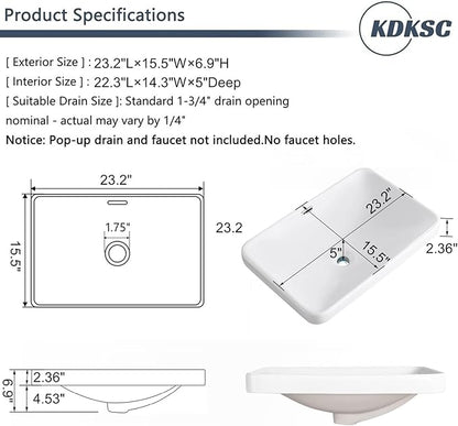 Bathroom Vessel Sink 23.2" X 15.5" Semi Recessed Bathroom Sink Rectangular Drop In Bathroom Sinks with Overflow White Ceramic Vessel Sinks for Bathroom Modern Above Counter Basin Vanity Sink