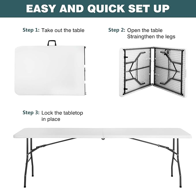 FDW 8 Foot Outdoor Dining Table, Foldable Portable Rectangular Plastic Folding Table with Built in Carrying Handle for Party and Wedding Use, White