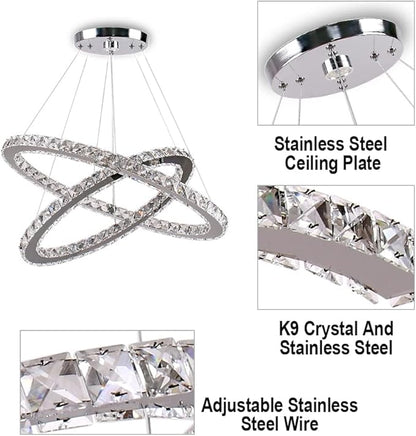 Finktonglan 23.6" Oval Crystal LED Chandelier, Modern 2 Ring Hanging Light Fixture, Cool White 6500K, Non-Dimmable, Built-in LED Pendant Light for Dining Room Bedroom