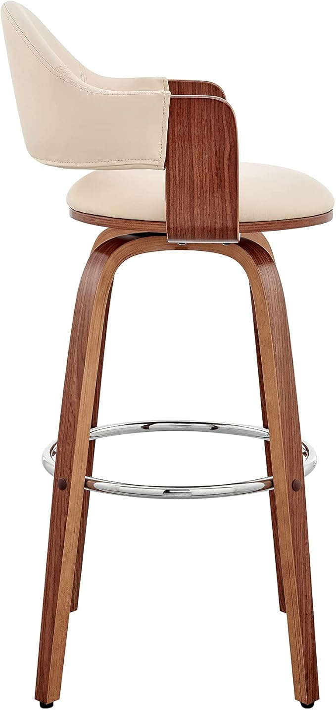 Armen Living Daxton Mid Century Modern Swivel Bar Stool for Kitchen Island Counter in Cream Faux Leather and Walnut Wood, 26" Seat Height