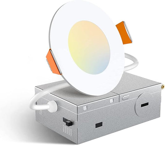 Amico 1 Pack 3 Inch 5CCT Ultra-Thin LED Recessed Ceiling Light with Junction Box, 2700K/3000K/3500K/4000K/5000K Selectable, 7W Eqv 60W, Dimmable Canless Wafer Downlight, 500LM High Brightness -ETL