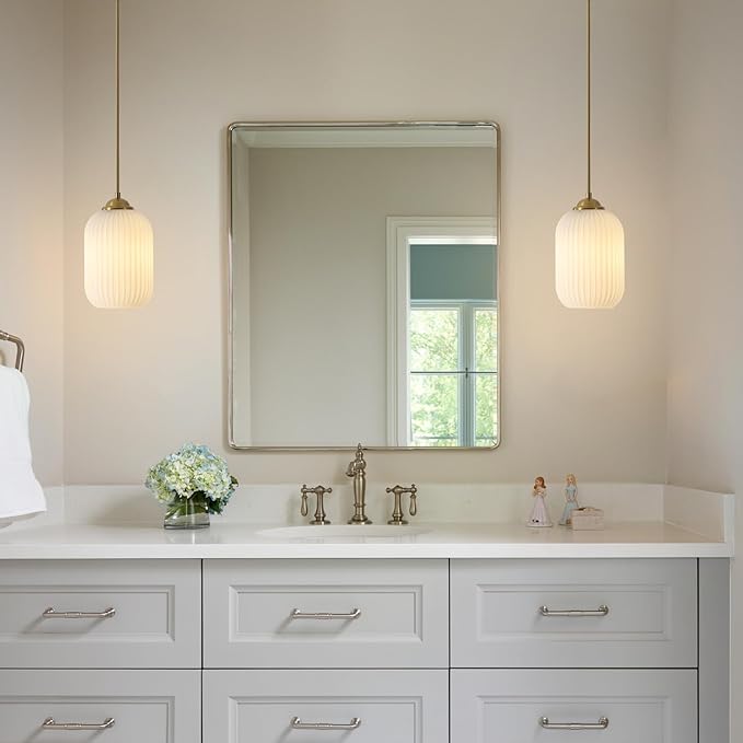 KCO Lighting Mini Milk Glass Pendant Light Small Ribbed Glass Ceiling Light Modern Globe Pendant Lighting White and Gold Ceiling Hanging Lights Mid Century Brass Pendant Light Fixture 2 Pack