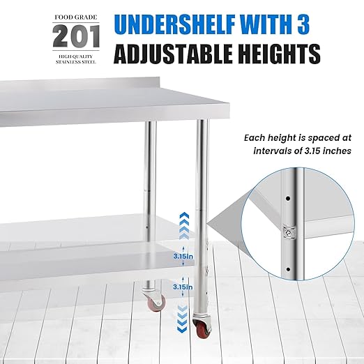 KUARBARR Stainless Steel Table for Prep & Work with 4 Caster Wheels with Backsplash 24 x 30 NSF Metal Commercial Kitchen Adjustable Under Shelf Worktable for Restaurant Home Outdoor