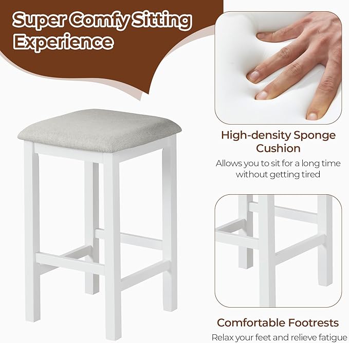 COSTWAY 3-Piece Dining Table Set, Counter-Height Bar Table with 2 Upholstered Bar Stools, Rubber Wood Legs, Anti-Slip Foot Pads, Modern Furniture Set for Dining Room, Kitchen, White+Grey
