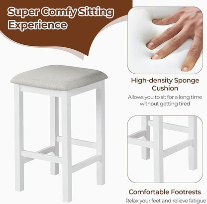 COSTWAY 3-Piece Dining Table Set, Counter-Height Bar Table with 2 Upholstered Bar Stools, Rubber Wood Legs, Anti-Slip Foot Pads, Modern Furniture Set for Dining Room, Kitchen, White+Grey