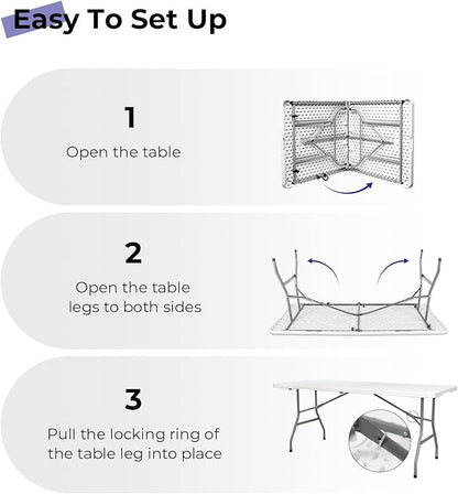Byliable Folding Table 6ft Portable Heavy Duty Plastic Fold-in-Half Utility Foldable Table Plastic Dining Indoor Outdoor for Camping, Picnic and Party, White