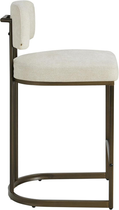 26" H Counter Height Bar Stools Set of 3, Modern Linen Fabric Upholstered Barstools with Backrest for Kitchen Island, Gold Metal Frames, Linen