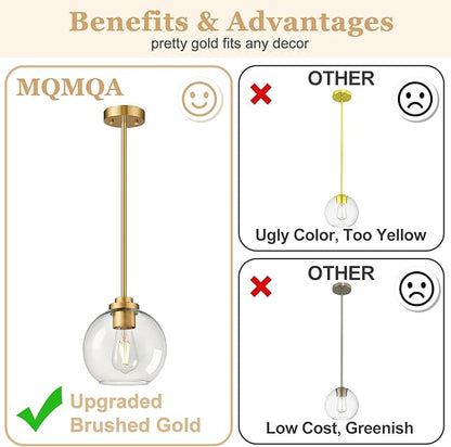 2 Pack 7.2-Inch Globe Pendant Lights, Mid Century Gold Pendant Light Fixtures, Globe Pendant Lights Kitchen Island with Clear Glass Shade Adjustable Hanging Fixture for Dining Room Bulbs not Included