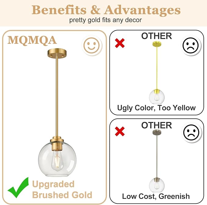1 Pack 7.2-Inch Globe Pendant Lights, Mid Century Gold Pendant Light Fixtures, Globe Pendant Lights Kitchen Island with Milk Glass Shade Adjustable Hanging Fixture for Dining Room (Bulbs not Included)