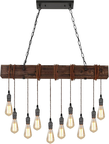 KEESFU 10-Lights Rustic Chandeliers for Dining Room, Farmhouse Wooden Ceiling Pendant Light, Height Adjustable, Rectangle Chandelier for Kitchen Island Dining Room Bar Pool Table Cabin.