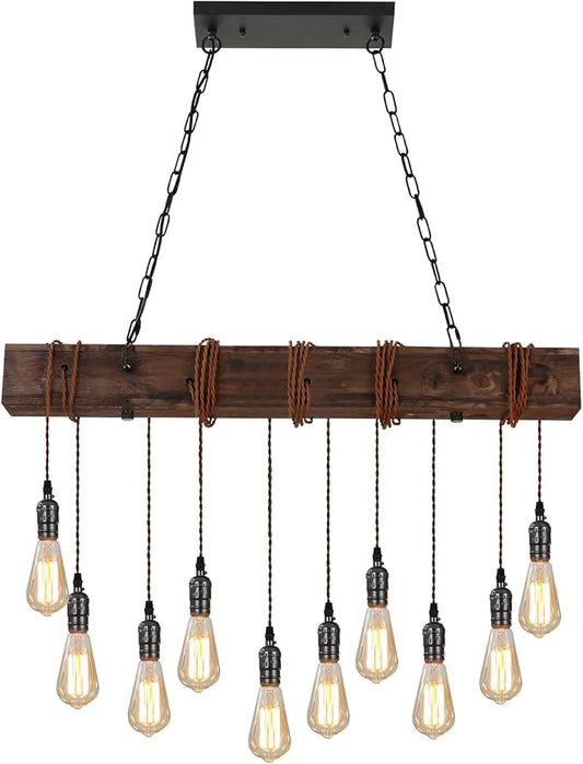 KEESFU 10-Lights Rustic Chandeliers for Dining Room, Farmhouse Wooden Ceiling Pendant Light, Height Adjustable, Rectangle Chandelier for Kitchen Island Dining Room Bar Pool Table Cabin.