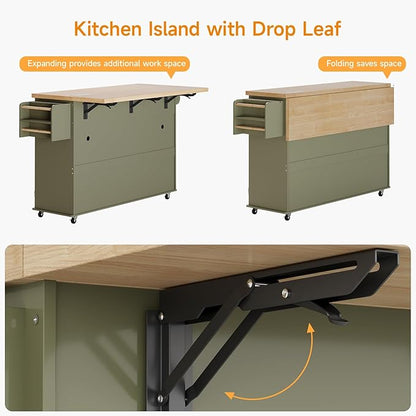 ComfyCorner 60" Rolling Large Kitchen Island on Wheels with Extendable Table, Drop Leaf & Power Outlet, Mobile Kitchen Cart with Storage Cabinet, 2 Drawers, Spice Rack, Towel & Knife Holder, Green