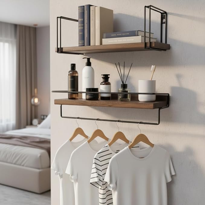 Floating Shelves with Towel Bar - American Black Walnut Solid Wood Shelf, Set of 2 Over Toilet Wall Storage Shelves with Metal Frame for Kitchen Bedroom Living Room