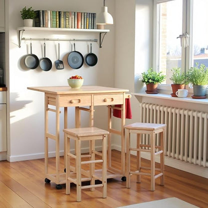 Furnifact Folding Kitchen Trolley Drop Leaf Table with Two Stools, Compact Folding Dining Table with Chairs and Storage, Small Kitchen Cart with Seating