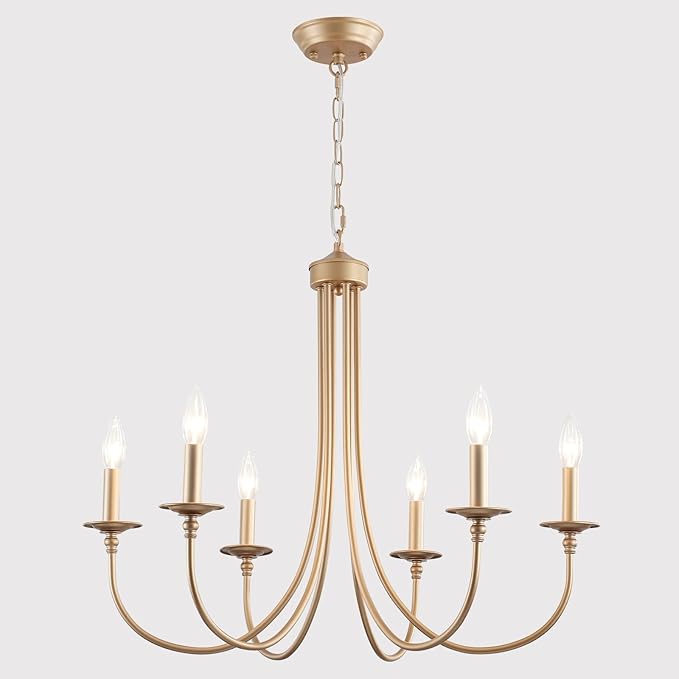 ALISADABOY Gold Farmhouse Chandelier Modern Candlestick Dining Chandelier Light Fixture Industrial 6 Light Pendant Lighting for Kitchen Living Room Bedroom Foyer Entrance Hallway Entryway