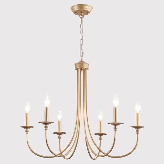 ALISADABOY Gold Farmhouse Chandelier Modern Candlestick Dining Chandelier Light Fixture Industrial 6 Light Pendant Lighting for Kitchen Living Room Bedroom Foyer Entrance Hallway Entryway