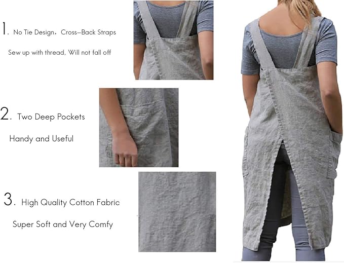 Larmliss Women's Pinafore Square Apron Baking Cooking Gardening Works Cross Back Cotton/Linen Blend Dress with 2 Pockets