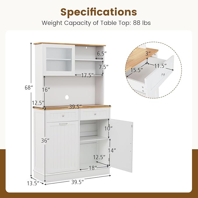 68" Tall Kitchen Pantry Cabinet, Freestanding Kitchen Hutch w/Tilt Out Trash Can Cabinet, Microwave Countertop, Sliding Glass Door, Wooden Dining Room Cupboard