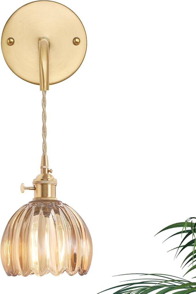 Shenmoyl Vintage Wall Sconce Wall Lamp Amber Tulip Shade Pattern Glass Adjustable Chain Retro Gold Wall Mounted Light, Wall Lamp Fixtures Decor for Bedside Bedroom Indoor Doorway