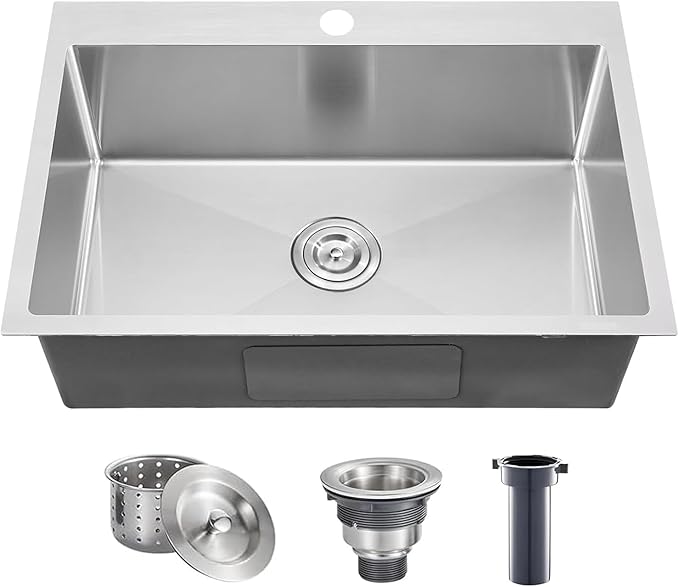 28X18 Inch Drop In Kitchen Sink, Topmount Stainless Steel Brushed Nickel Single Bowl Kitchen Sink, Extra-thick 16 Gauge Kitchen Sinks For RV Laundry Utility with Basket Strainer