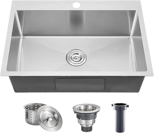 28X18 Inch Drop In Kitchen Sink, Topmount Stainless Steel Brushed Nickel Single Bowl Kitchen Sink, Extra-thick 16 Gauge Kitchen Sinks For RV Laundry Utility with Basket Strainer