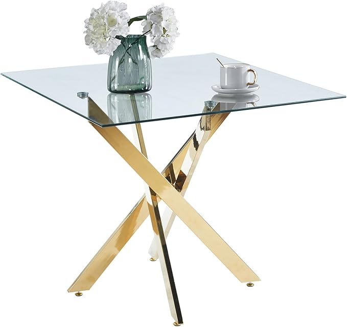 36" Square Dining Table for 2 3 4 People, Modern Dining Table with Gold Chrome Metal X-Shaped Legs, Small Glass Kitchen Tables Family Dinner Tables for Home Office Living Room