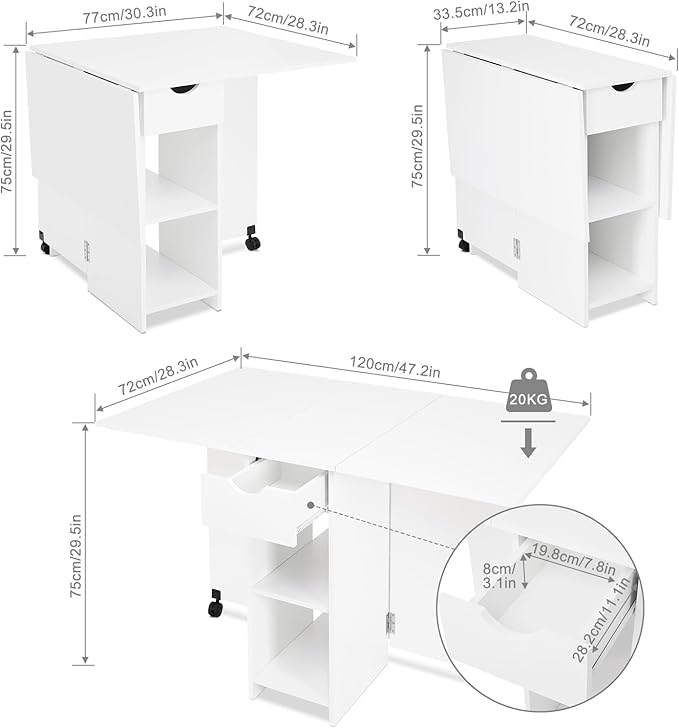 Folding Dining Table, Drop Leaf Table for Small Space with Drawer and Open Storage Shelves, Modern Rectangular Kitchen Dining Table, 47.2" L x 28.3" W(White)