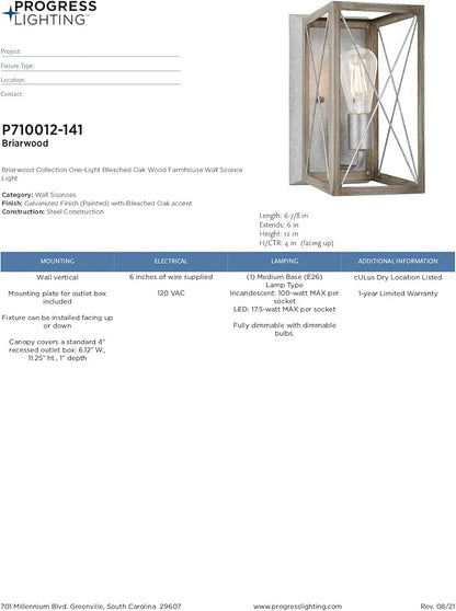 Progress Lighting 1-Light Farmhouse Wall Sconce Light Bleached Oak Wood, Briarwood Collection, Indoor, P710012-141, Galvanized Finish