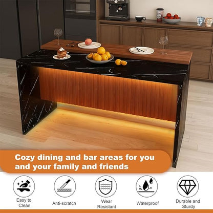 63" Large Imitation Marble Dining Table with LED Lights, Modern Kitchen Island Table for 4–6 People, Bar Height Dining Table with Marble Stripes & Grille Base Design,Black