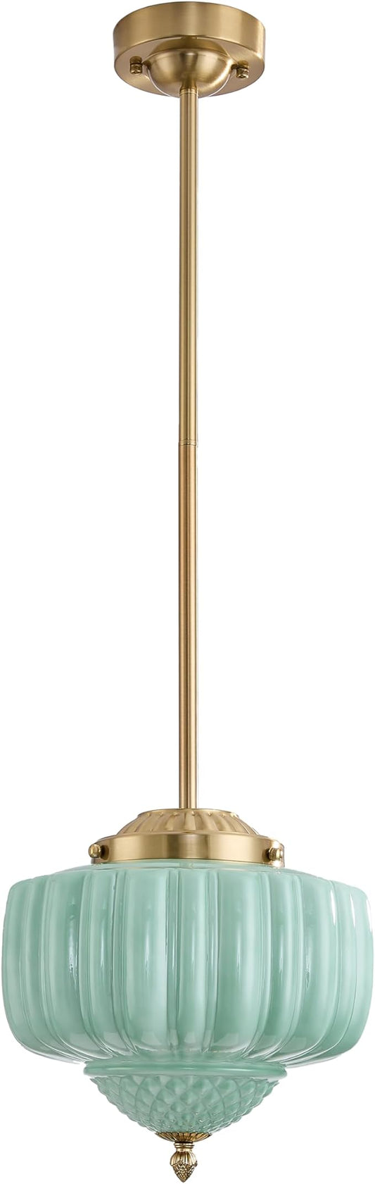 Schoolhouse Pendant Light, 12" Brass Gold Schoolhouse Ceiling Light Fixture with Mint Green Milk Glass Shade, Adjustable Height, Mid Century Modern Pendant Lighting for Kitchen Island Dining Room