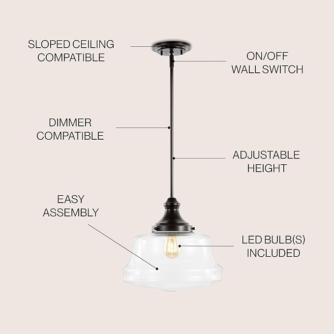 JONATHAN Y 14" Oil Rubbed Bronze 1-Light Iron and Glass Schoolhouse Pendant, Adjustable Height Bohemian Farmhouse Fixture for Kitchen Island Dining Room, LED Bulb Included JYL7585A