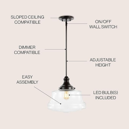 JONATHAN Y 14" Oil Rubbed Bronze 1-Light Iron and Glass Schoolhouse Pendant, Adjustable Height Bohemian Farmhouse Fixture for Kitchen Island Dining Room, LED Bulb Included JYL7585A