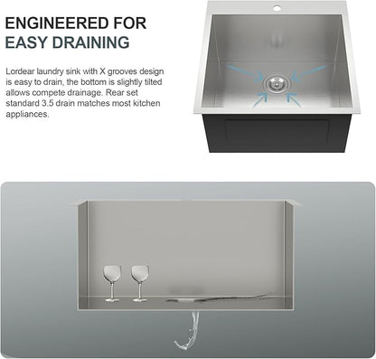 Lordear Drop In Laundry Sink with Faucet 22"x22"x12" Topmount Utility Sink 16 Gauge Stainless Steel Single Bowl for Laundry Room