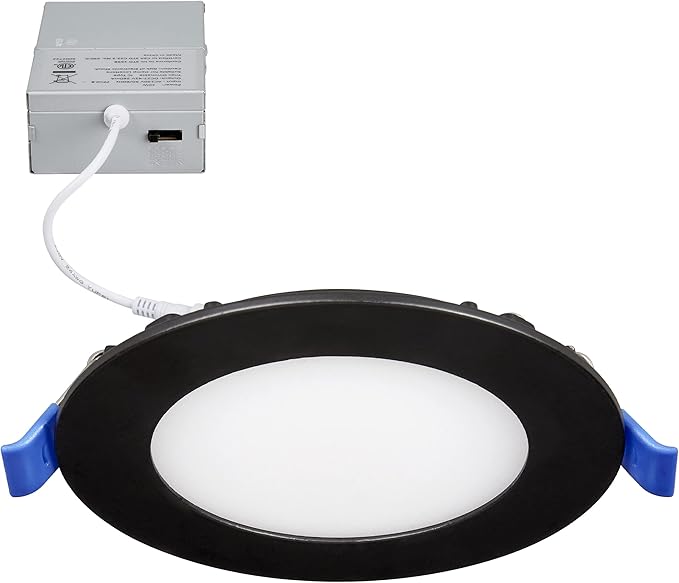 Maxxima 4 in. 5CCT Ultra Thin Recessed LED Downlight - Color Temperature Selectable 2700K/3000K/3500K/4000K/5000K, 700 Lumens, Dimmable Light Fixture with Black Trim, Canless with J-Box Included